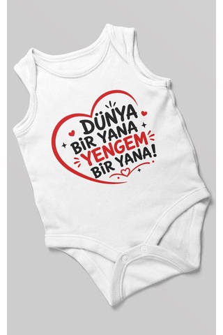 Morivokids Dünya Bir Yana Yengem Bir Yana Sıfır Kol Bebek Zıbını %100 Pamuk Beyaz