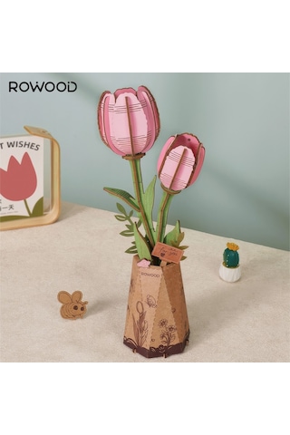 Rowood Tw082 Pembe Lale Çiçek Pink Tulip Dıy Minyatür Maket Model Ahşap 3d Wooden Puzzle Model Kit Ahşap Maket Dekoratif Hobi Seti