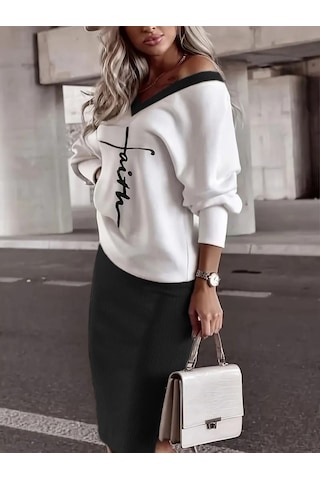 Kadın Uzun Kollu V Yakalı Iki Iplik Bluz Ve Şardonlu Kaşkorse Etek Ikili Takım Siyah