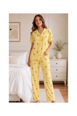 Angbutik Sarı Limon Desenli Kısa Kollu Gömlek Yaka Milan Kumaş Kadın Pijama Takımı
