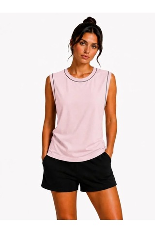 Efnaz Style Kontrast Biyeli Kolsuz Atlet Bisiklet Yaka Yazlık Basic Atlet - Toz Pembe