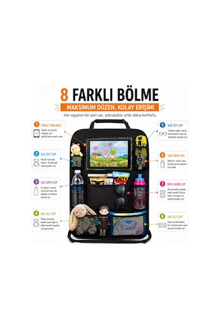 Polham 8 Bölmeli Araç Koltuk Arkası Organizer Tablet Bölmeli Fileli Oto Koltuk Arkası Eşya Düzenleyici