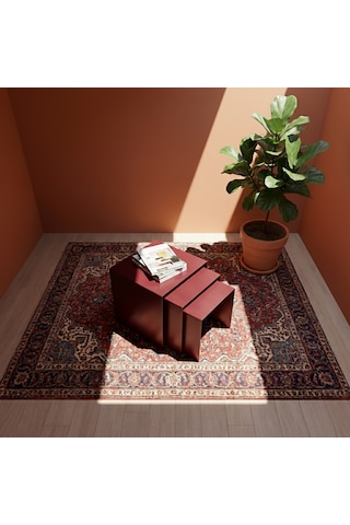 Modern Metal Zigon Sehpa Seti Minimal Tasarım İç İçe Geçen Yan Sehpa 3 Lü Set Bordo