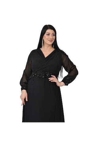 Lilas Xxl Kadın Büyük Beden Uzun Şifon Abiye Elbise 9573 Siyah