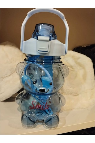 Ayıcıklı Matara 1000 Ml, Şeffaf Su, Suluk, Okul, Ofis, Seyahat, Bpa İçermez Mavi Plastik Diğer