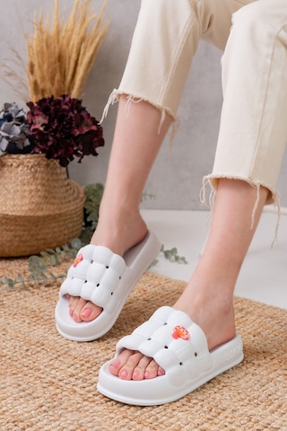 N Moda Kadın Lüks Hafif Ve Yüksek Taban Kaymaz Sticker Desenli Günlük Plaj Deniz Havuz Banyo Terliği Jel Beyaz