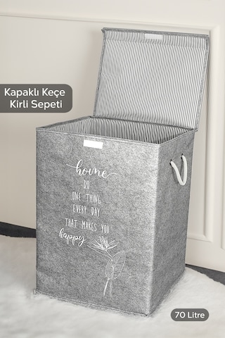 Meleni Home Keçe Kapaklı Kirli Çamaşır Sepeti - Çok Amaçlı Saklama Kutusu Mega Hurç Gri Diğer