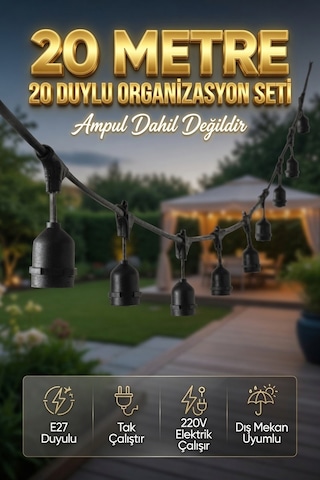 20 Metre 20 Duy Organizasyon Seti E27 Dış Mekan Uyumlu 220v Bahçe Teras Festoon Ampulsüz Işık Zinciri Tak Çalıştır Siyah