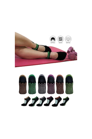 6 Çift Pamuklu Renkli Kaymaz Taban Silikon Baskılı Yoga Fitness Pilates Ve Aktivite Kadın Çorabı
