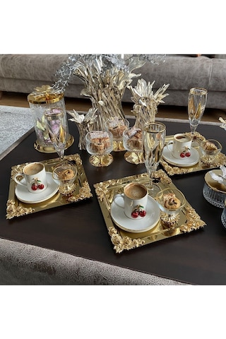 Atabey Home Collection 2'li Kahve & Çay & Sunum Tepsisi Metal Döküm Kare Gold Tepsi Gül Model
