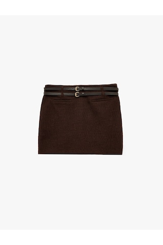 Koton Kemer Detaylı Slim Fit Viskon Karışımlı Mini Etek Kahverengi 6wal70035ık Kahve