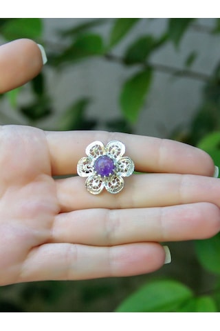 Esha Store Doğal Taş Ametist Doğal Taşlı Çiçek Model Telkari Kadın Ayarlanabilir Gümüş Kaplama Yüzük Euy59amtr Mor