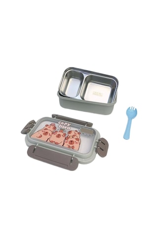 Kapibara 2 Paslanmaz Çelik Bölmeli Çocuk Yemek Seti - Sızdırmaz Gri