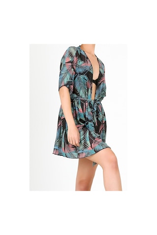 Pareo Plaj Elbisesi Kimono Std Yazlık Oversize Tül Gömlek Kemerli Elbise Leaf Siyah