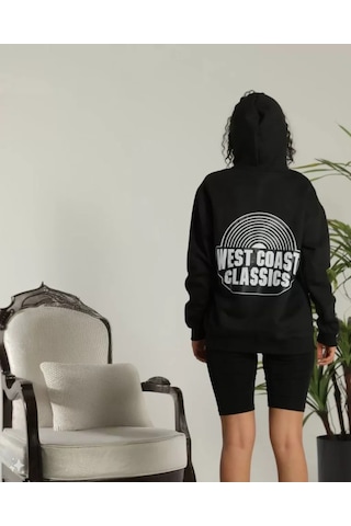 Mythrıva Unisex Sırt Baskılı Kapüşonlu Üç İplik Oversize Sweatshirt - Siyah
