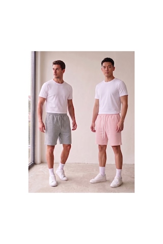 Machi Makiteks Gri Pembe İkili Rahat Kesim Beli Lastikli Cepli Penye Şort Günlük Basic Rejenere Sweat Bermuda Gri - Pembe