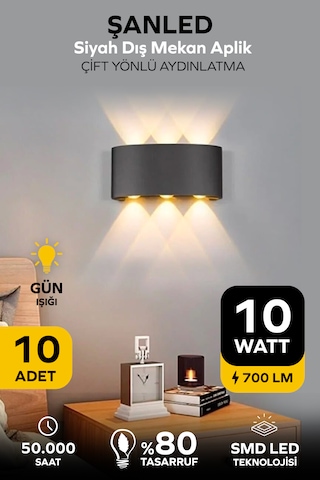 Dekoratif 10w Çift Yönlü Iç-dış Mekan Siyah Kasa Gün Işığı Duvar Aplik-10 Adet