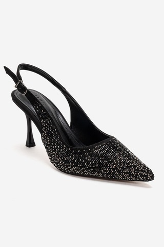 Luvishoes Johanna Siyah Platin Taşlı Kadın Topuklu Ayakkabı Siyah