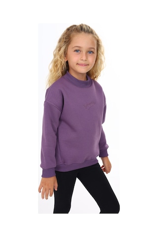 Kız Çocuk Relax Fit Dik Yaka Düşük Omuz Nakış Baskılı Sweatshirt - 3 İplik Şardonlu Mor