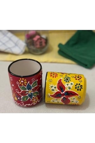 Çini El İşlemeli Seramik Dantel Desen 2li Sarı/kırmızı Kupa Bardak Diğer