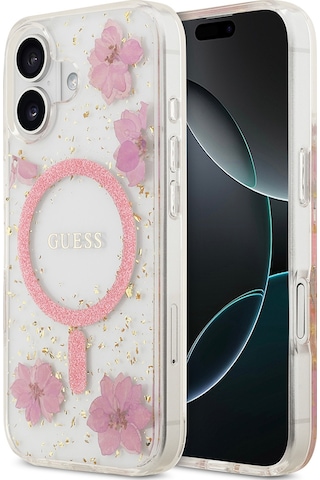 Apple Uyumlu iPhone 17 Kılıf Guess Lisanslı M-safe Özellikli Transparan Resin Flowers Kapak Pembe Pembe
