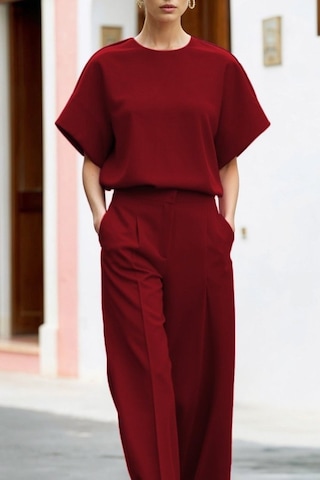 Modasize Kadın Kısa Kollu Bisiklet Yaka Bluz Yüksek Bel Cep Detaylı Pantolon Atlas Ikili Takım Kırmızı