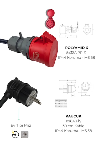 Elektrikli Araç Dönüştürücü Adaptör 5/32a Priz- 1/16a Fiş Boydan Uca 30 Cm Kablo Elektrikli Araç Dönüştürücü