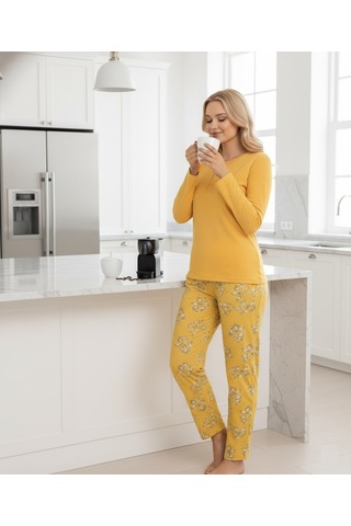 Kadın Sarı Çiçek Desen Mevsimlik Pamuklu Penye Uzun Kol Cepli Pijama Takımı-slim Fit Dar Kalıp Desenli