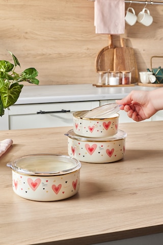Karaca Kalp Detaylı Pink Love Emaye 3'lü Saklama Kabı Seti Pembe