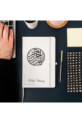 Kişiye Özel Besmele Hat Yazılı Deri Kapak Hediyelik Defter Beyaz
