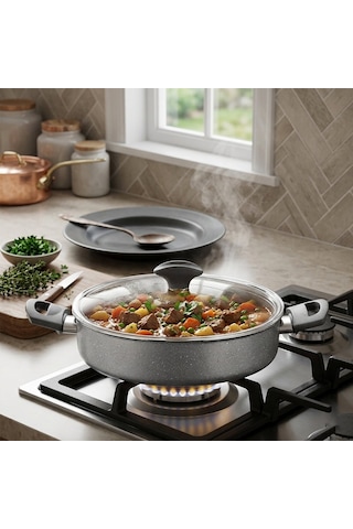 Papilla Fred 28 Cm Basık Granit Tencere - Karnıyarık Cam Kapaklı Brkt-705687- 6'li Paket Diğer