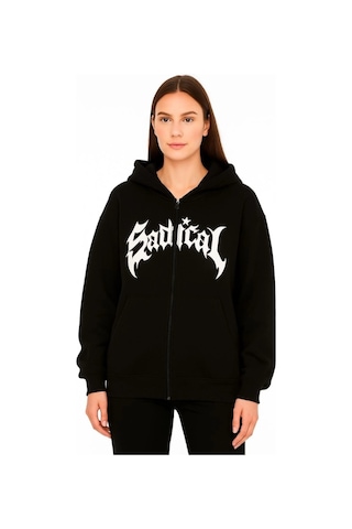 Defymoda Oversize Kapüşonlu Sweatshirt Hoodie 3 İplik Şardonlu Pamuklu Kumaş, Önü Baskılı, Fermuarlı Rahat K Siyah