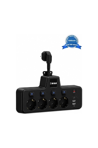 Termal Akım Korumalı 4 Lü Duvar Tipi Priz 2x Usb 2x Type-c Çıkışlı Grup Priz Çoğaltıcı Siyah 2500w 0-2