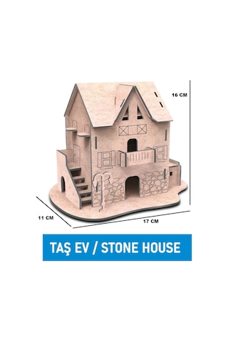 Ahşap Taş Ev Maket Boyama Seti, 6'lı Boya Ve Fırça Dahil