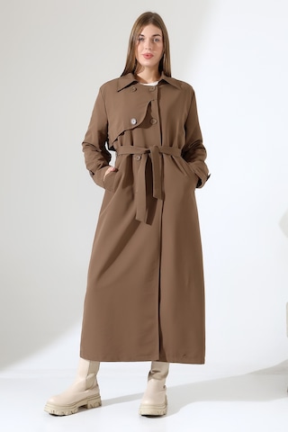 Amazon Keten Kumaş Uzun Boy Düğmeli Astarlı Yumuşak Dokulu Trenç Kot Sütlü Kahve Sütlü Kahverengi