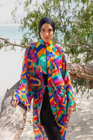 Remsa Mayo Remsa Tesettür Mayo Üzerine Tek Kaftan Kimono Pareo Rp016 Tetris Siyah