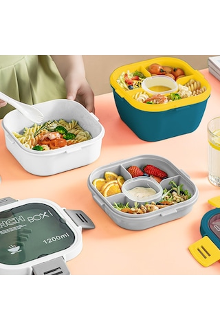 Qingmipy 4 Bölmeli Çift Katmanlı Salata Saklama Kabı, Soslu Seyahat Ve Okul İçin Pratik Yemek Taşıma Çözümü Mavi