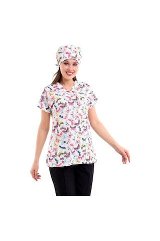 Yarasa Kol Dijital Unisex Desenli Üst - 6527 Beyaz Kelebek