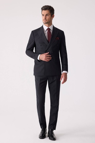 Erkek Lacivert Çizgili Slim Fit %100 Yün Çizgili Kruvaze Takım El