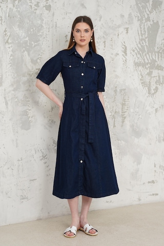 Livanomi Kemerli Denim Elbise Mavi