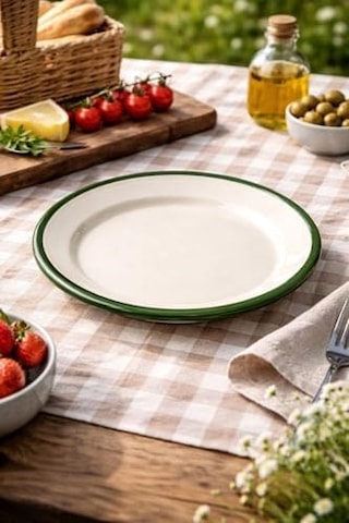 4&apos Lü Emaye Servis Tabağı Seti - 25 Cm Krem Renkli Yeşil Kenarlı Yemek Tabağı Takımı - Nostaljik Tasarım, Dayanıklı Ve Sağlıklı Mutfak Gereçleri - Kamp Ve Ev Kullanımına Uygun Açık