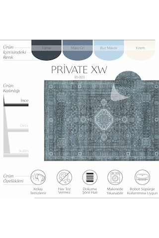 Cool Halı Private Xw Füme Rengi Vintage Halı Şönil Yıkanabilir Modern Klasik Desenli Salon Halısı Mavi
