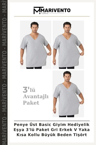 Marivento Penye Üst Basic Giyim Hediyelik Eşya 3'lü Paket Gri Erkek V Yaka Kısa Kollu Büyük Beden Tişört Gri-3