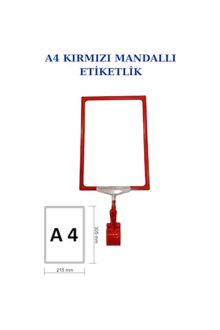 10 Adet Kırmızı A4 Mandallı Raf Sepet Etiketi Çerçeveli Etiketlik Kırmızı