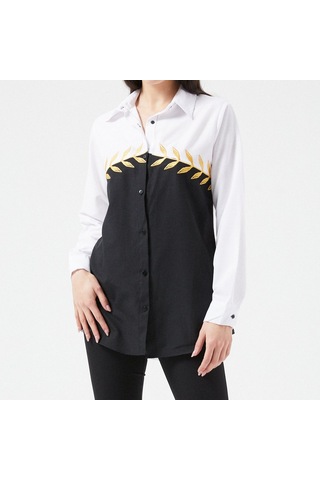 Kadın Siyah-beyaz Yaprak Nakışlı Gömlek Beyaz
