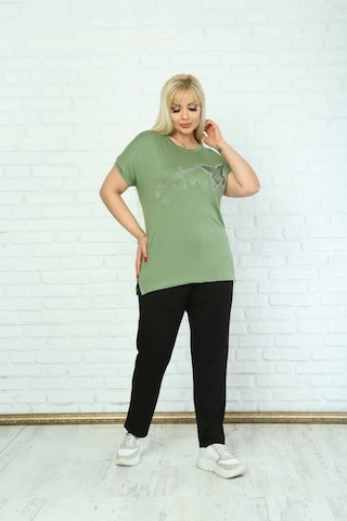 Modasehle Kadın Büyük Beden Yeşil Taşlı T-shirt Yeşil