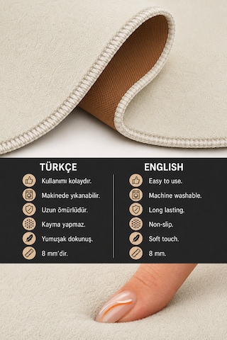 2 Li Banyo Paspası Halısı Seti Kaymaz Tabanlı Yıkanabilir Klozet Takımı Krem