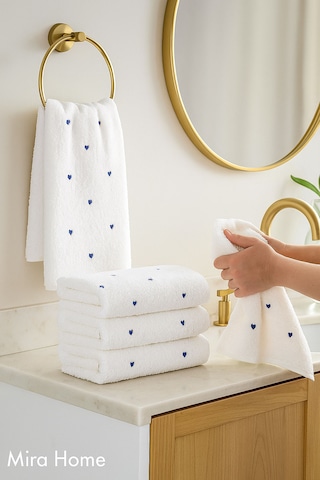 4 Lü Kalp Nakış İşlemeli El Yüz Havlu Seti %100 Pamuklu 50x90 Cm Hand Of Love Mavi