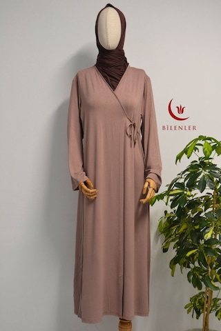 Kadın Yandan Bağlamalı Pamuklu Penye Namaz Elbisesi 38-48 Beden Vizon