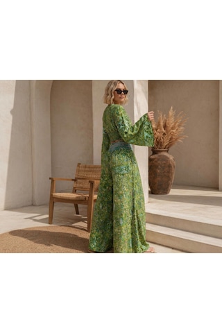 İbeeka Bohem Luxe Paisley Desen Gipeli Crop Akışkan Bol Paça Pantolon Takım Yeşil